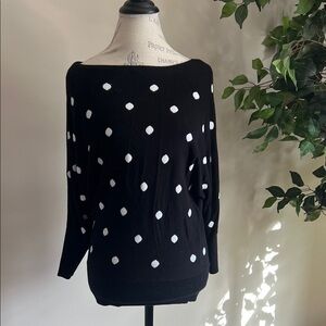 White House Black Market Off-Shoulder Black Sweater with White Dots
